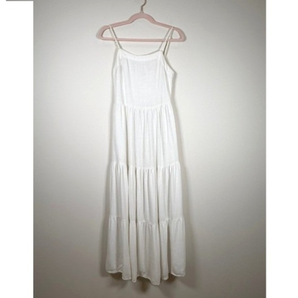 Splendid White Linen Blend Boho and Bridal Tiered Maxi Dress Pockets | SizeXS